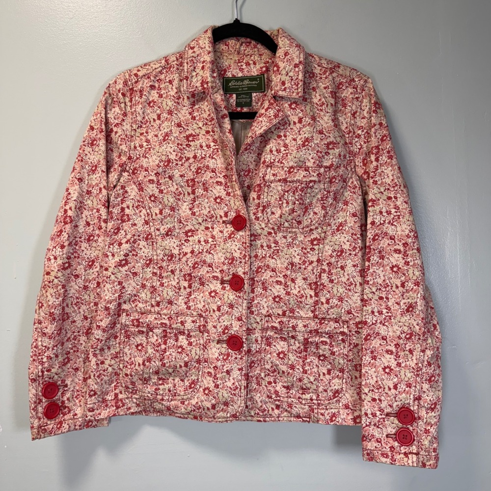 Eddie Bauer Womens Red Floral Cotton Chore Jacket Button Up Career Blazer Small